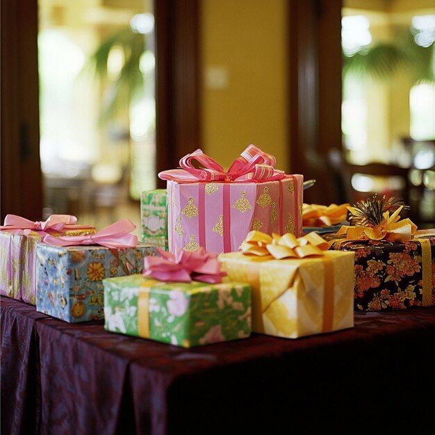 Ett bord fyllt med vackert inslagna presenter till en babyshower.