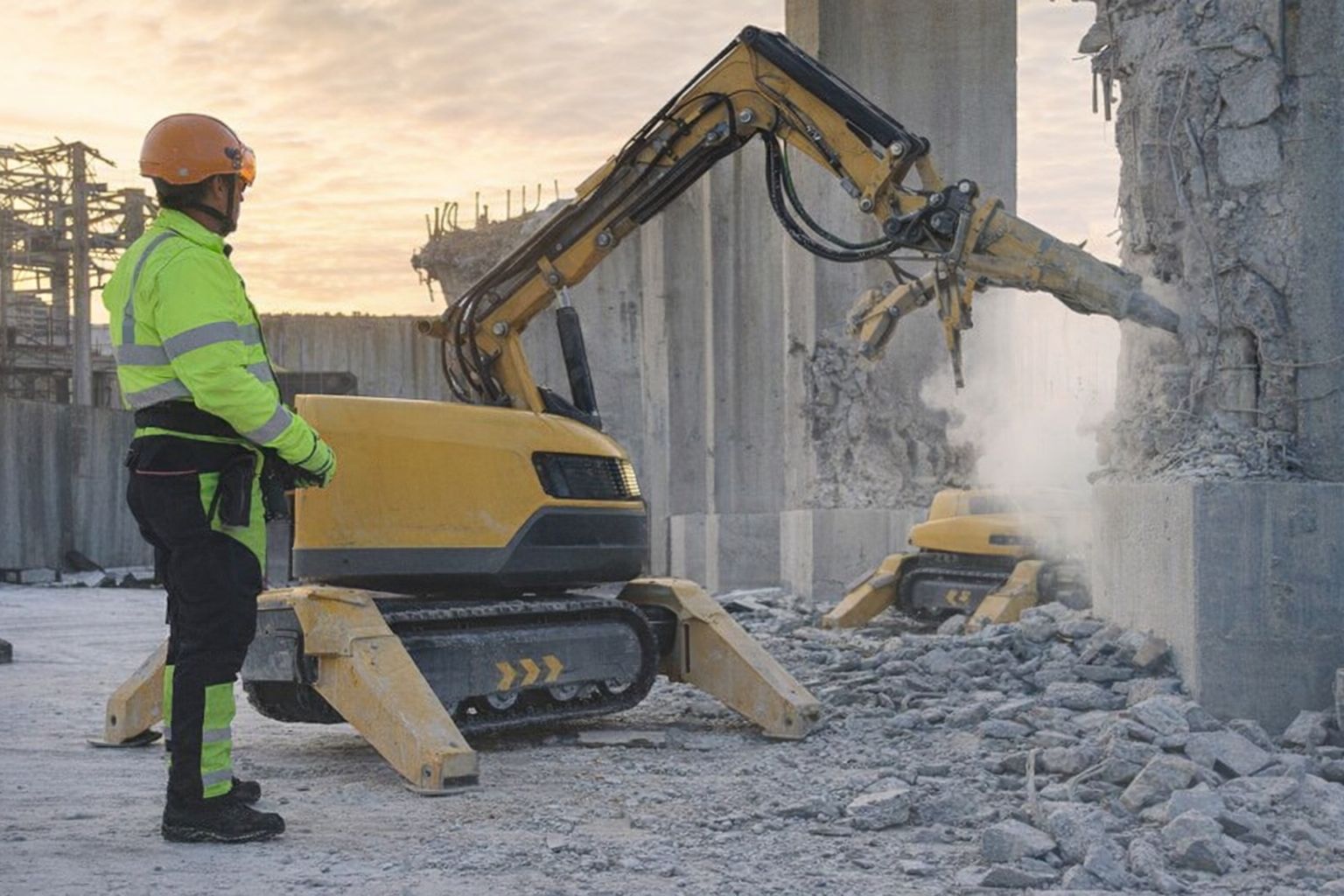 Arbetare övervakar gul Brokk-rivningsrobot som bryter betongvägg.