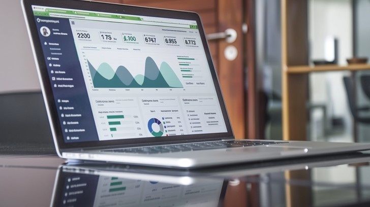 Laptop med analysdashboard som visar statistik i diagram och mätvärden